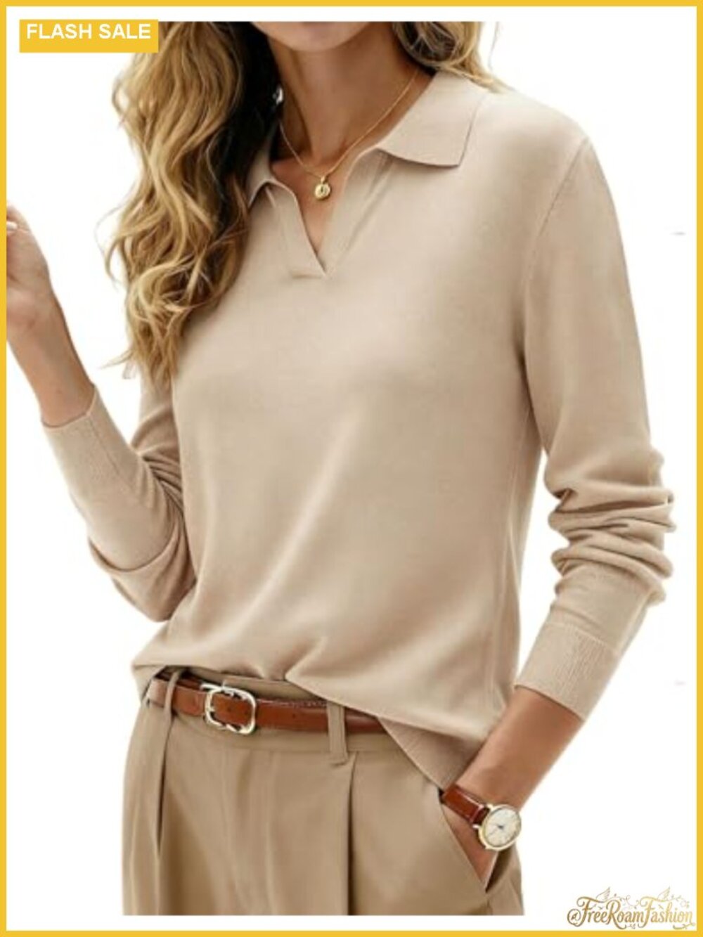 Wool Blend V-Neck Polo Collar Sweater Long Sleeve Pullover